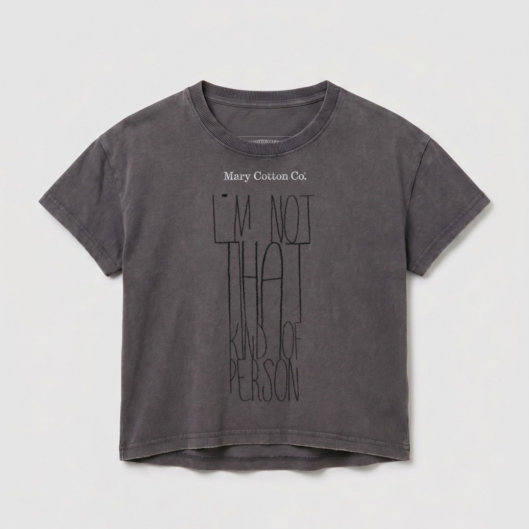 Gray t-shirt with "I'm not that kind of person" text design.
