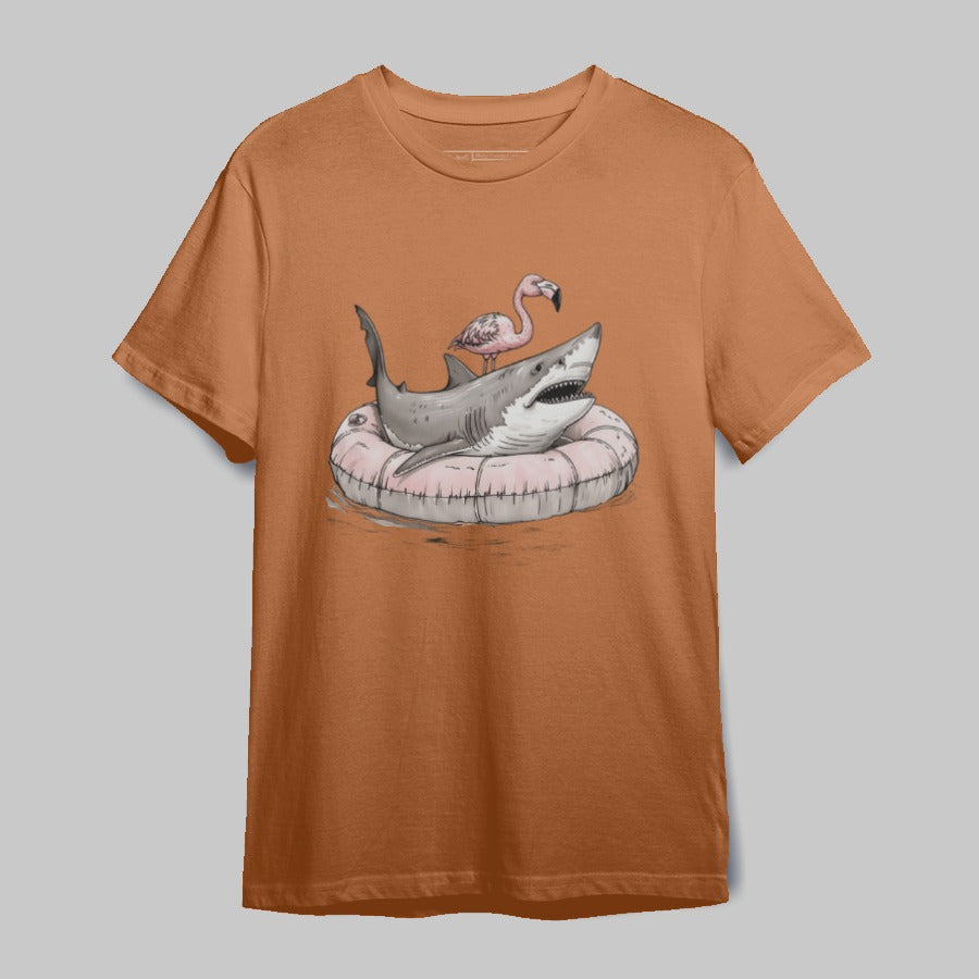 Shark Floats Flamingo T-shirt Fun Summer Graphic Tee
