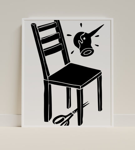 Abstract Black and White Chair with Scissors Print