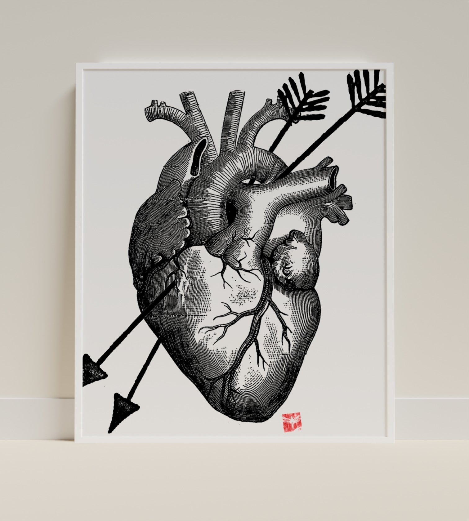 Anatomical Heart with Arrows Black and White Artwork