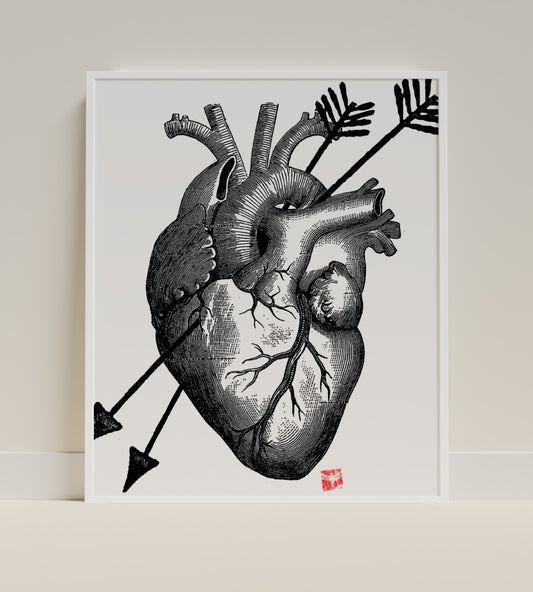 Anatomical Heart with Arrows Black and White Artwork