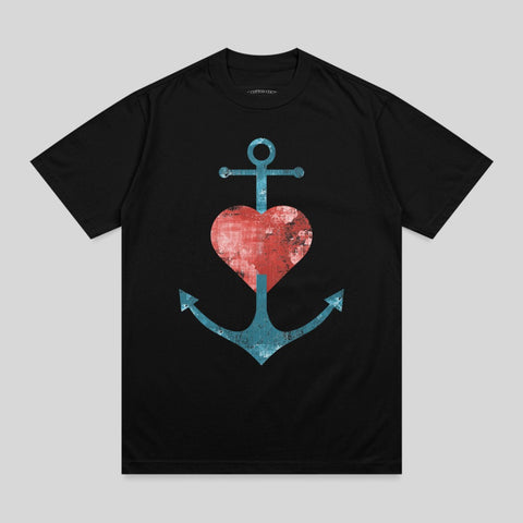 Black t-shirt with a distressed red heart superimposed on a teal anchor graphic.