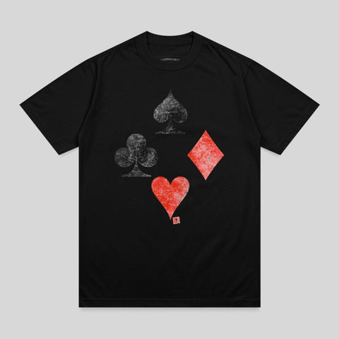 Black t-shirt with four distressed playing card suits: spade, club, diamond, and heart.