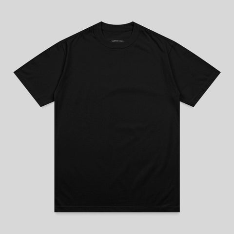 Black crewneck t-shirt with "The Cotton Crew" printed on the inside neck tag.