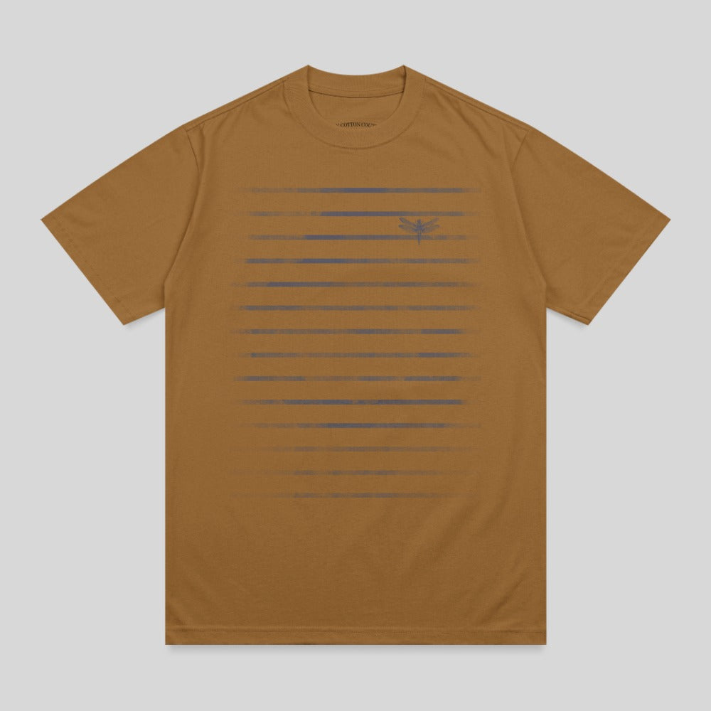 Brown t-shirt with horizontal blue stripes and a dragonfly graphic.