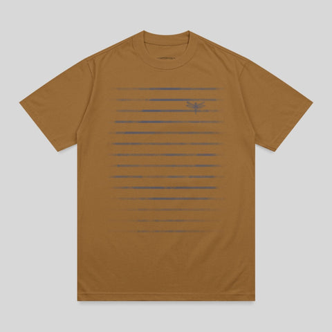 Brown t-shirt with horizontal blue stripes and a dragonfly graphic.