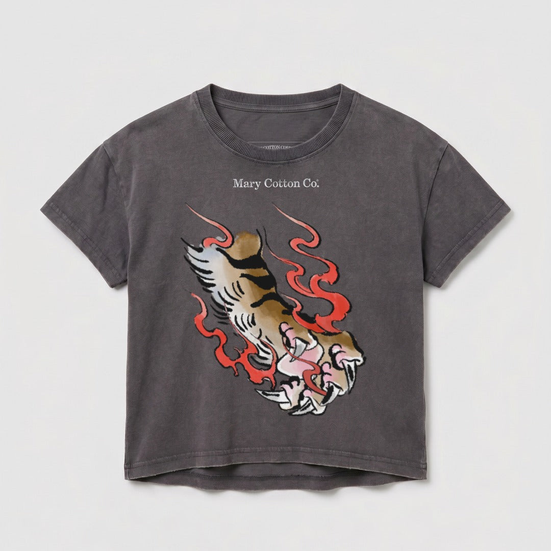 Dark grey t-shirt with a tiger claw design and red flames.