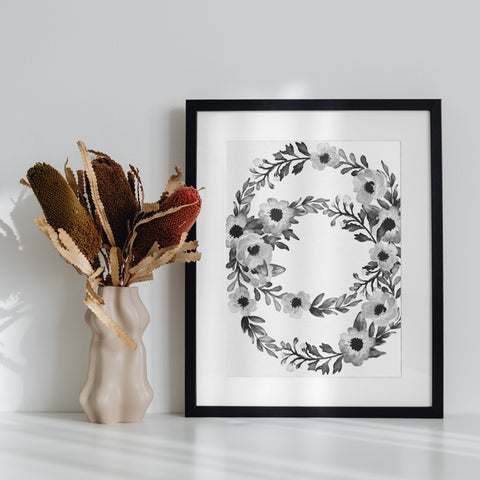 Monochrome Floral Wreath Art Print Black Frame Home Decor
