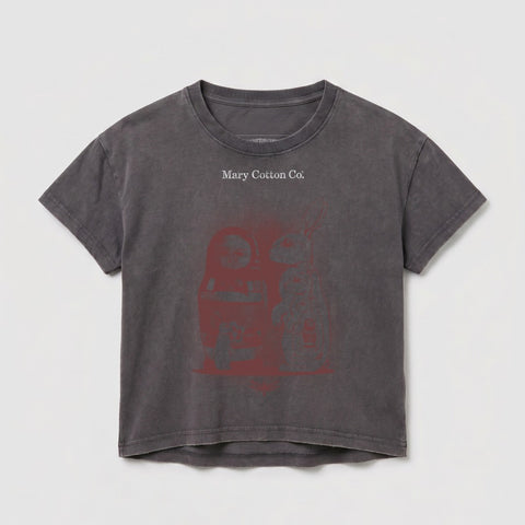 Dark grey t-shirt with graphic of nesting dolls and rabbit, "Mary Cotton Co." text.