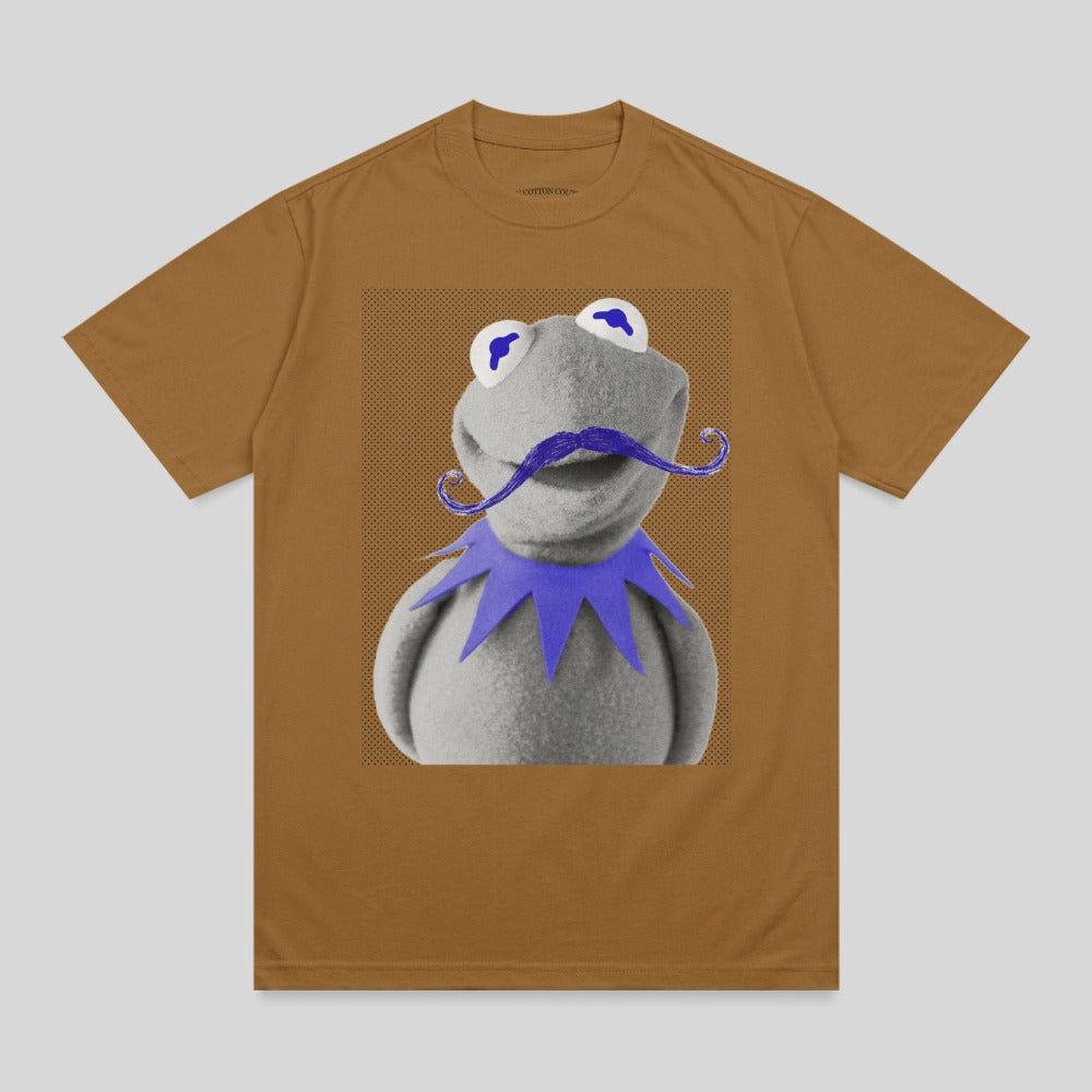Brown t-shirt featuring Kermit the Frog with a purple mustache and blue collar.