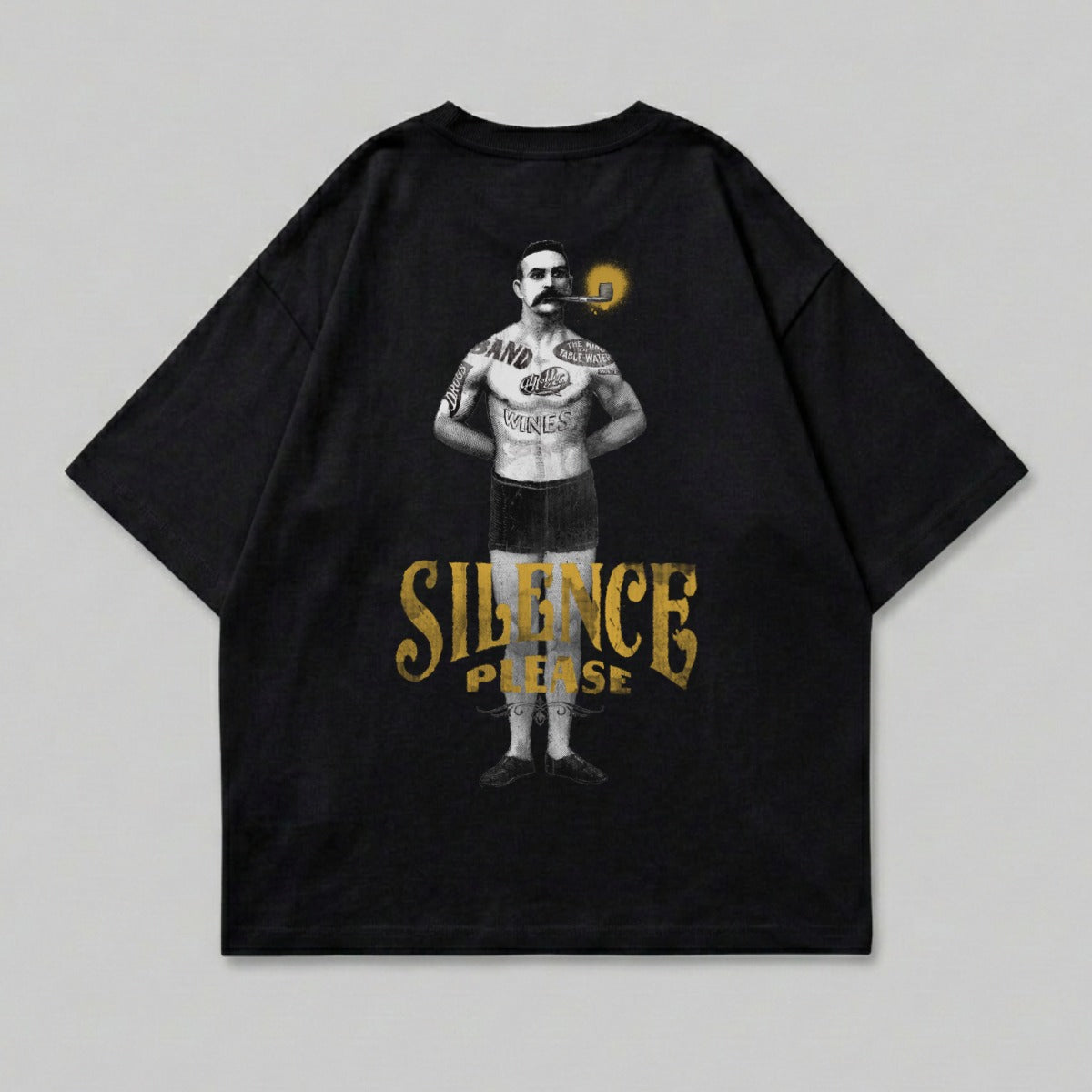 Black t-shirt with vintage man smoking pipe, "SILENCE PLEASE" text.