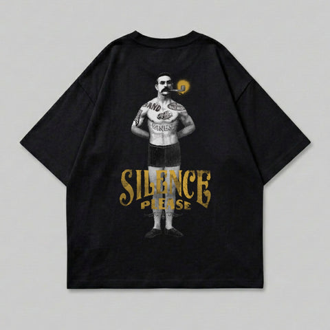 Black t-shirt with vintage man smoking pipe, "SILENCE PLEASE" text.