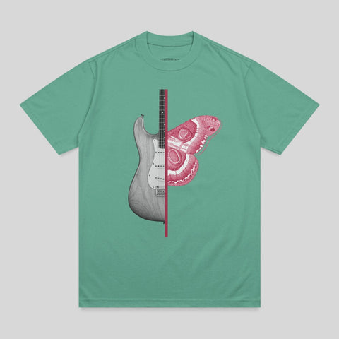 T-shirt with a graphic of a guitar split with a pink moth design.