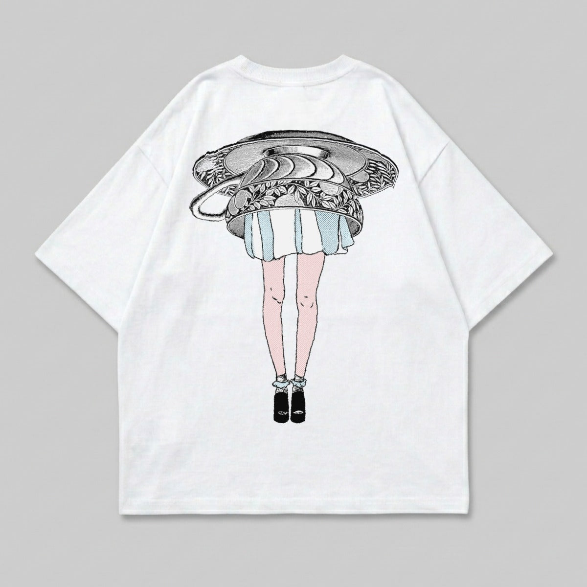 White t-shirt with graphic of legs, skirt, and upside-down bowl.