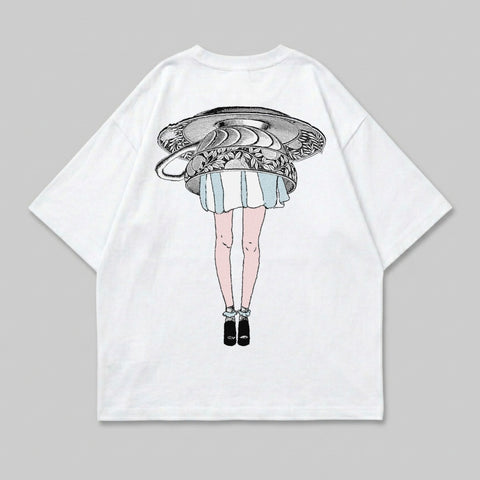 White t-shirt with graphic of legs, skirt, and upside-down bowl.