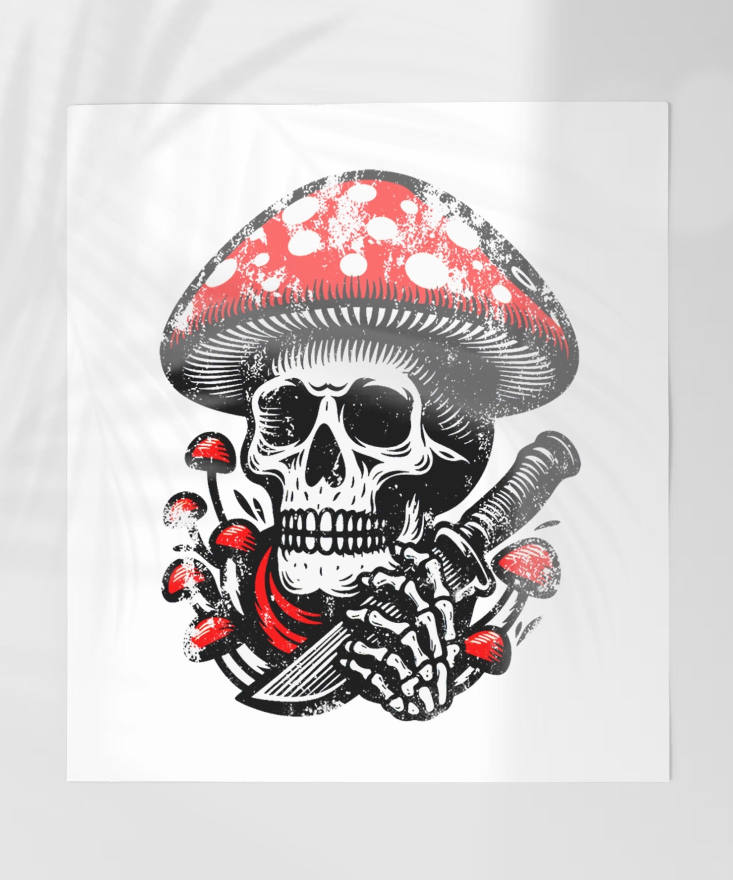 Skull with Mushroom Cap and Skeleton Hand Print