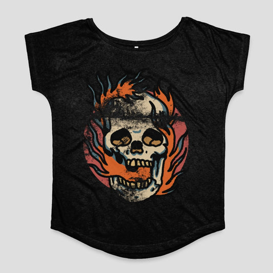 Vintage Flaming Skull Design Graphic Tee Shirt
