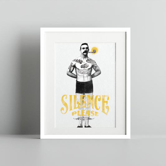 Silence Please Art Print with Vintage Man Illustration