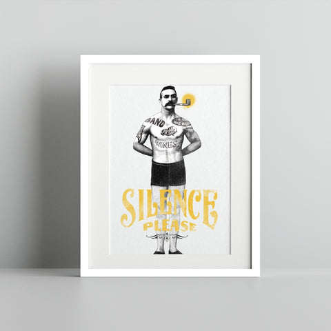 Silence Please Art Print with Vintage Man Illustration