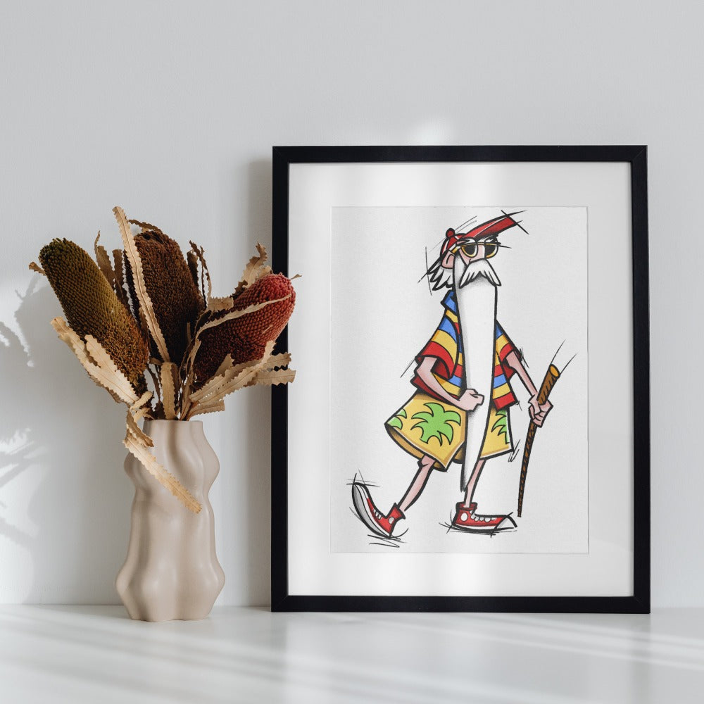 Colorful Cartoon Elderly Man Walking Framed Art Print