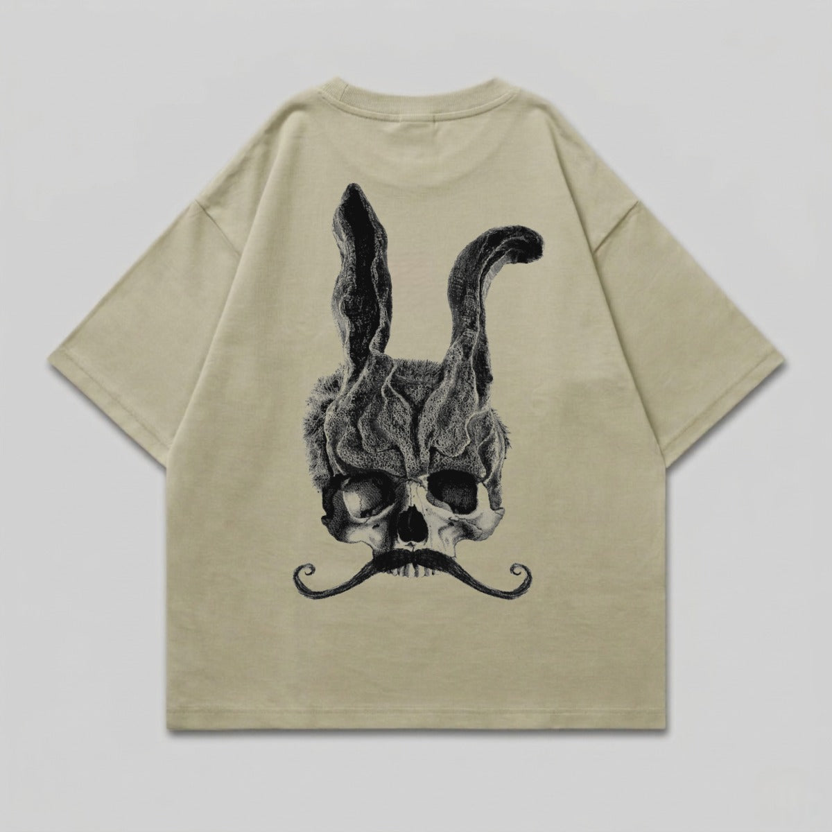 T-shirt with skull, rabbit ears, and mustache graphic.