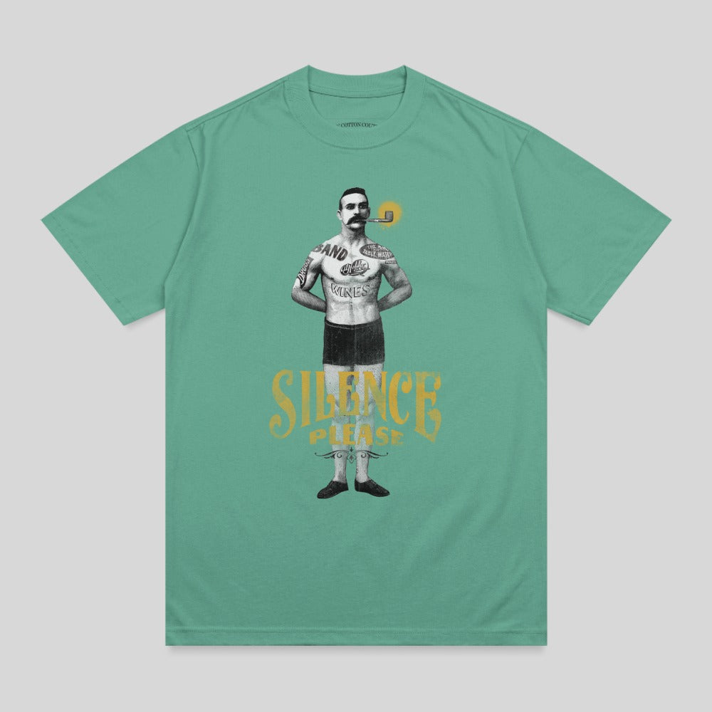 T-shirt with illustration of tattooed man smoking pipe, "Silence Please" text.