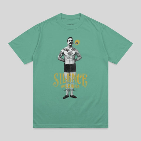 T-shirt with illustration of tattooed man smoking pipe, "Silence Please" text.