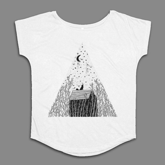 Cat Stargazing Under Crescent Moon T-shirt
