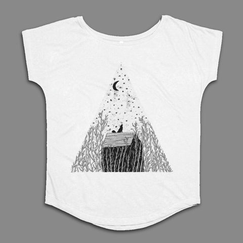 Cat Stargazing Under Crescent Moon T-shirt
