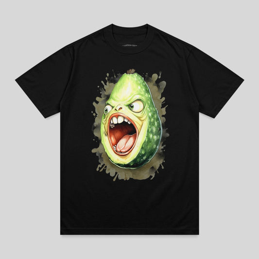 Black t-shirt with a cartoon avocado character with a wide mouth and angry eyes.