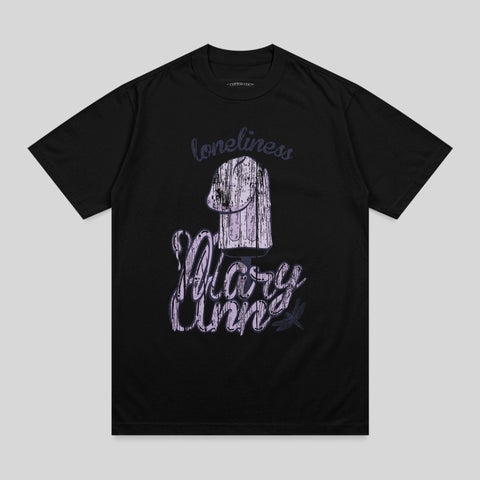 Black t-shirt with "loneliness" and "Mary Anne" text design.