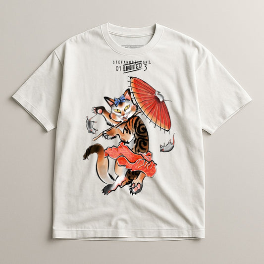 Playful Cat with Umbrella Graphic Design T-shirt