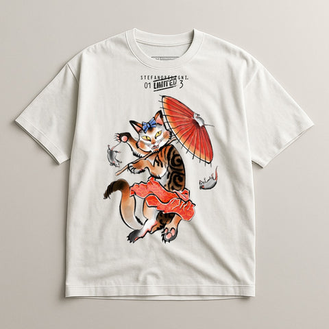 Playful Cat with Umbrella Graphic Design T-shirt