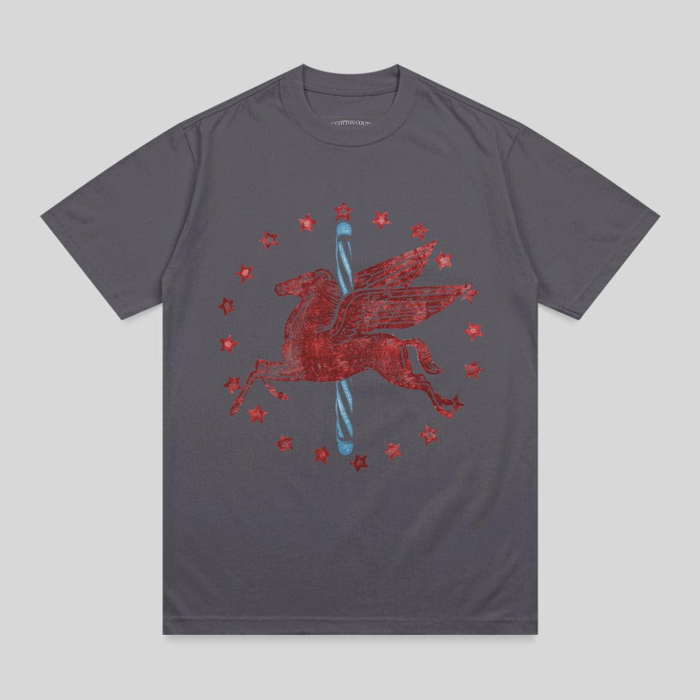 Dark gray t-shirt with distressed red Pegasus and blue pole design.