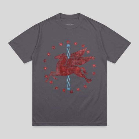 Dark gray t-shirt with distressed red Pegasus and blue pole design.
