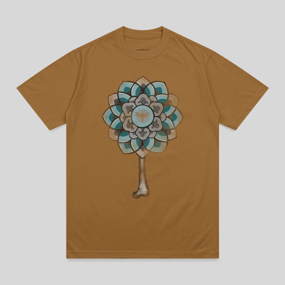 Brown t-shirt with a mandala and bone design on the front.