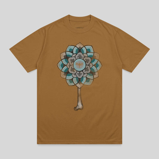 Brown t-shirt with a mandala and bone design on the front.