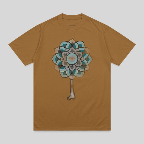 Brown t-shirt with a mandala and bone design on the front.