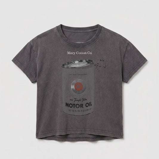 Dark grey t-shirt with "Mary Cotton Co." and "MOTOR OIL" can graphic.