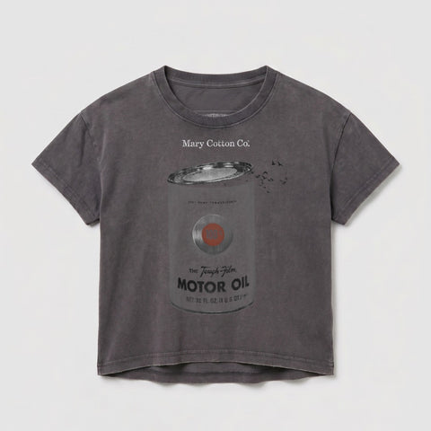 Dark grey t-shirt with "Mary Cotton Co." and "MOTOR OIL" can graphic.