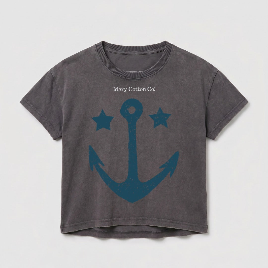 Dark gray t-shirt with teal anchor and two stars graphic.