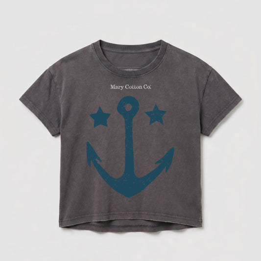 Dark gray t-shirt with teal anchor and two stars graphic.