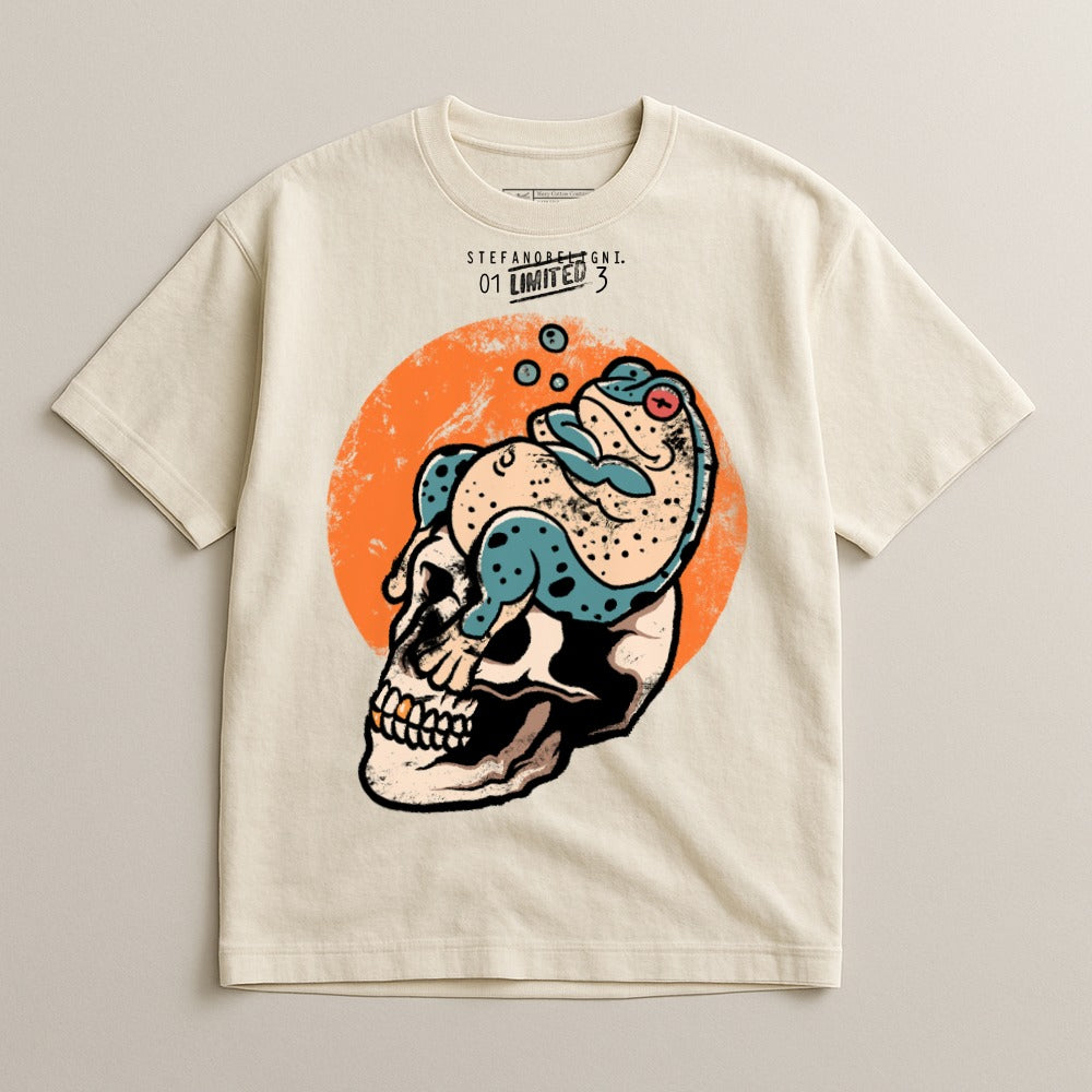 Skull with Serpent and Orange Circle Design Shirt