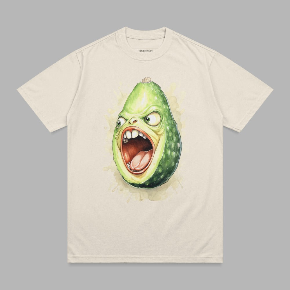 T-shirt featuring a cartoon avocado with a screaming face.
