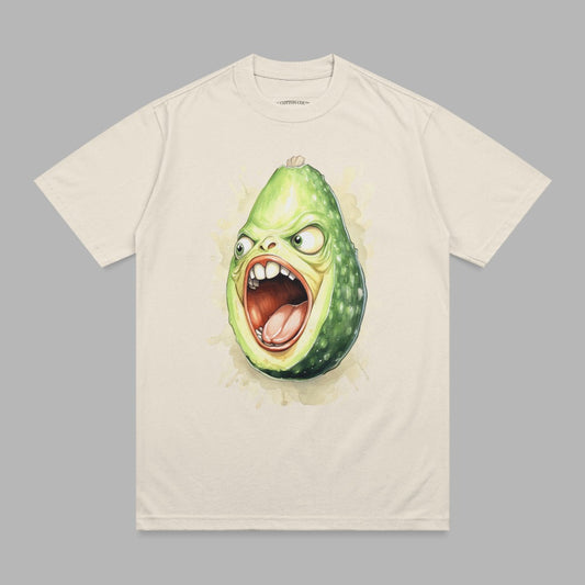 T-shirt featuring a cartoon avocado with a screaming face.