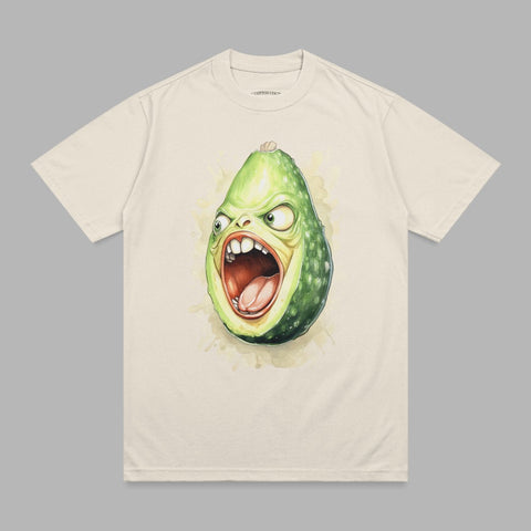 T-shirt featuring a cartoon avocado with a screaming face.