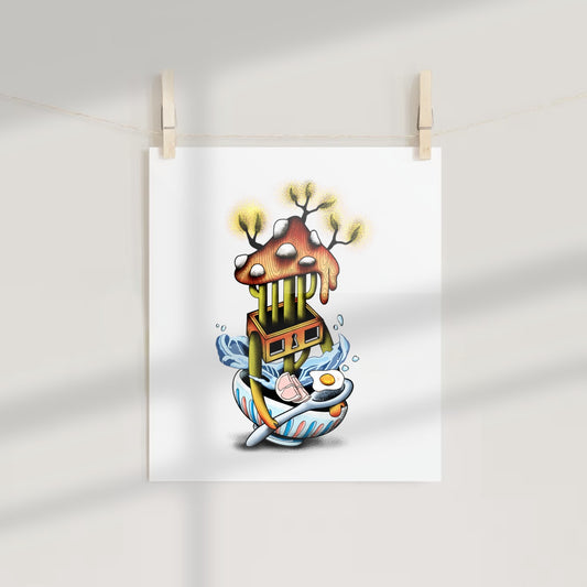Whimsical Mushroom House in a Bowl Quirky Art Print