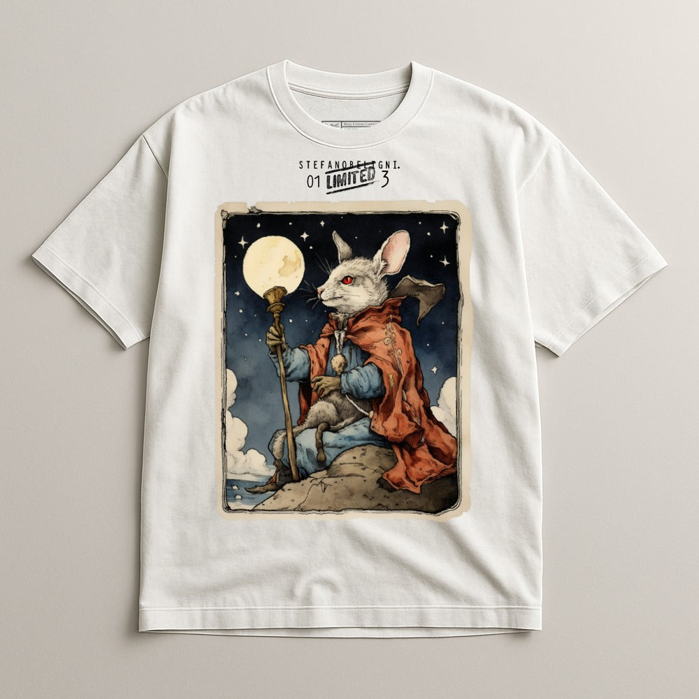 Mystical Mouse Holding Staff Under Moon T-shirt