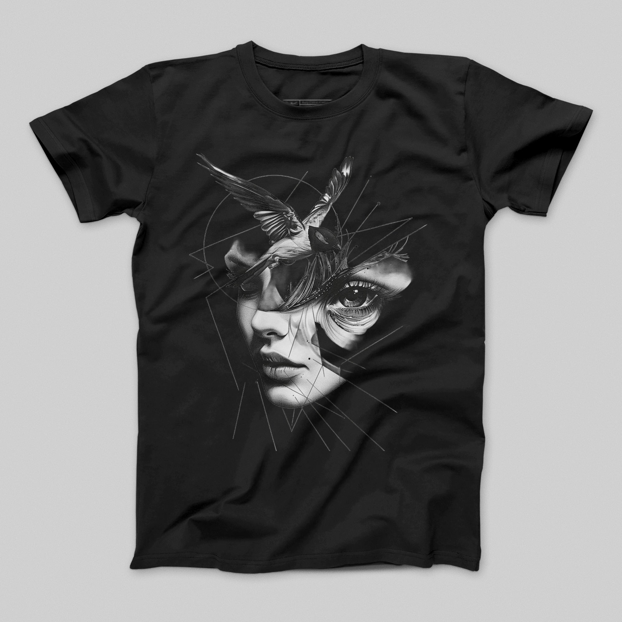 Artistic Face and Bird Black Graphic T-shirt product type