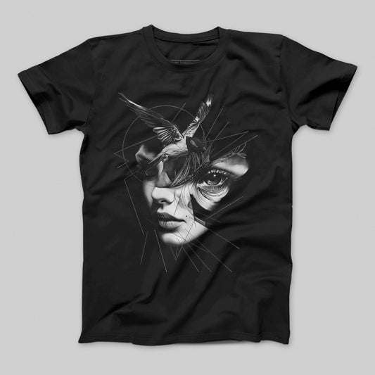 Artistic Face and Bird Black Graphic T-shirt product type